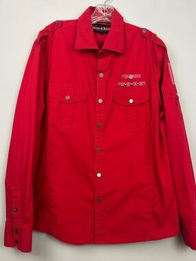 House of Lords Red Embellished Military Style Ling Sleeve Snap Button Shirt L